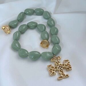 Tory Burch Sage Green Necklace with Gold Emblem